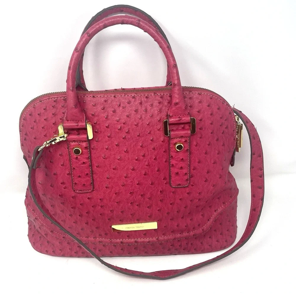 Ivanka Trump Ava Dome Satchel Pink Ostrich Embossed Handbag Gold Hardware Purse